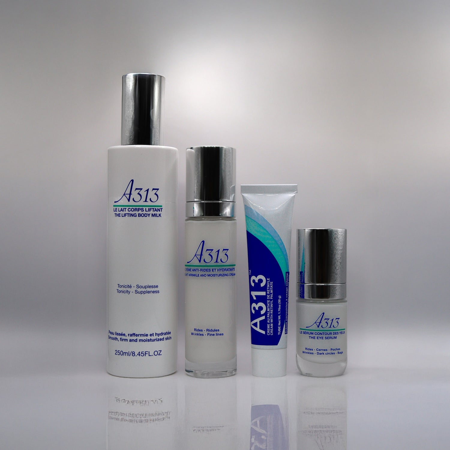 La gamme A313 : crème anti-rides, sérum contour des yeux et lait corporel liftant