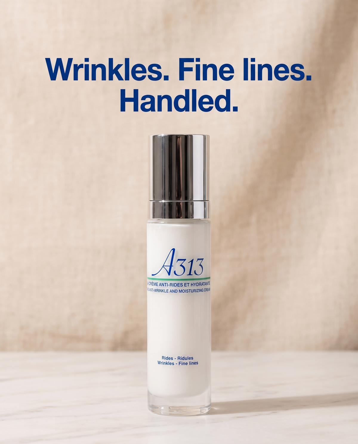 A313 Anti-Wrinkle Moisturizing Face Cream pump bottle on a warm linen backdrop