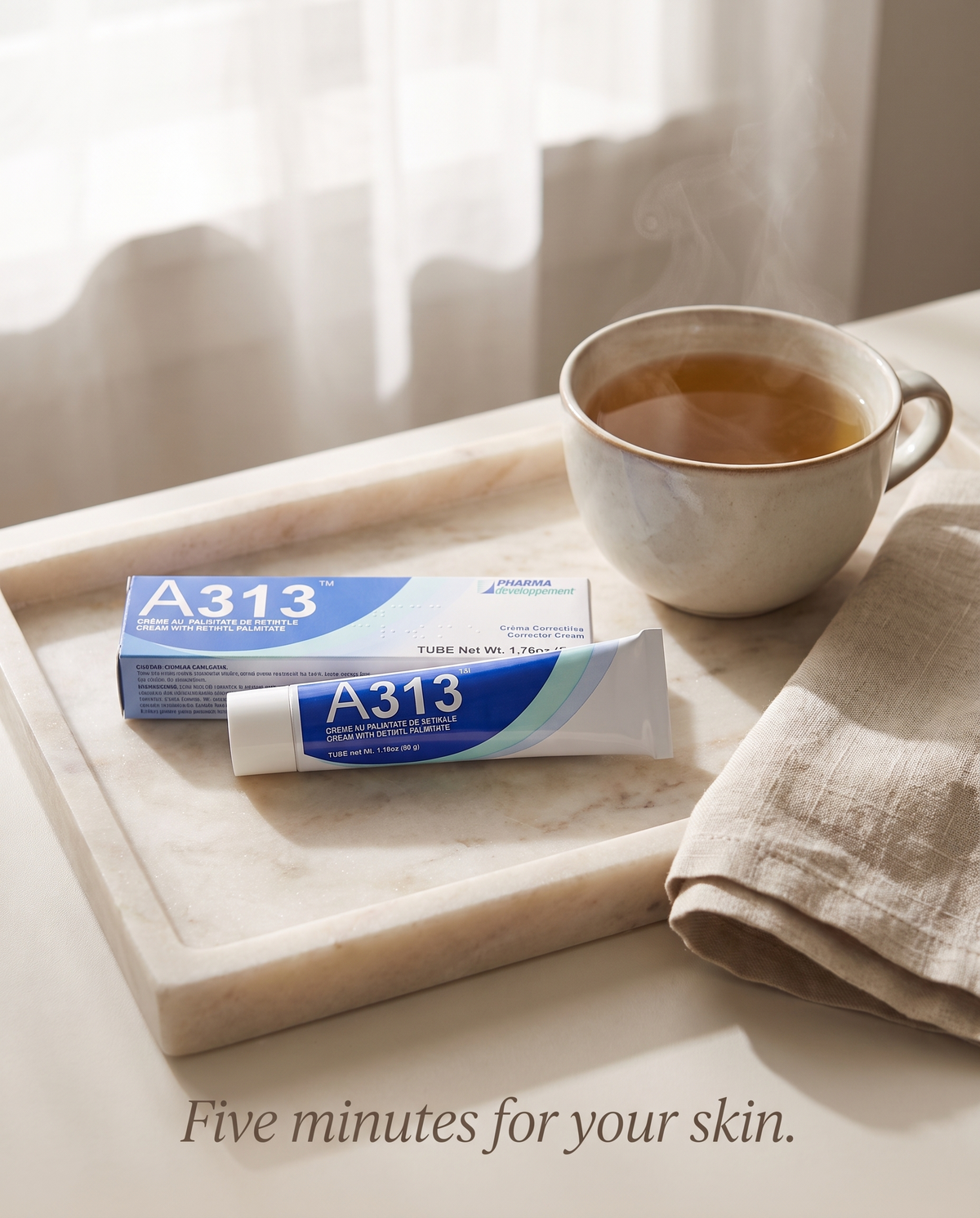 A313 Cream with Retinol & Vitamin A tube on a marble tray, styled for a calm morning skincare routine