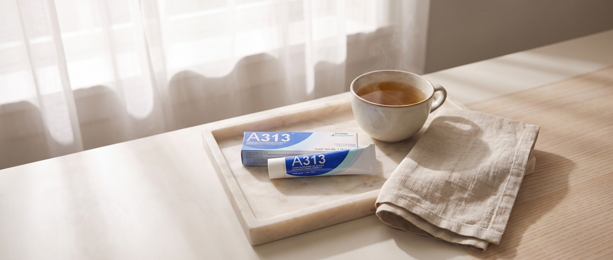 Tube A313 Cream met Retinol & Vitamine A op een marmeren dienblad, een rustig ochtendmoment
