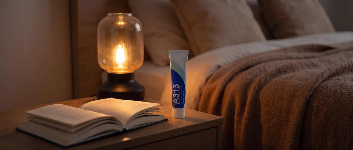 A313 Cream with Retinol & Vitamin A on a nightstand as part of an evening skincare routine