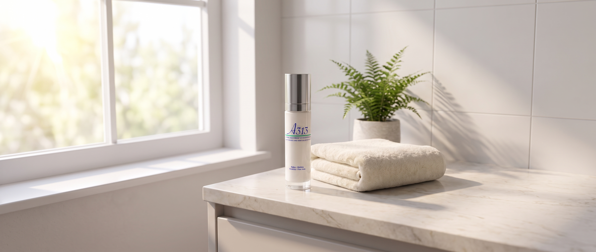 A313 Anti-Wrinkle Moisturizing Face Cream op een badkamerplank als onderdeel van een ochtendroutine