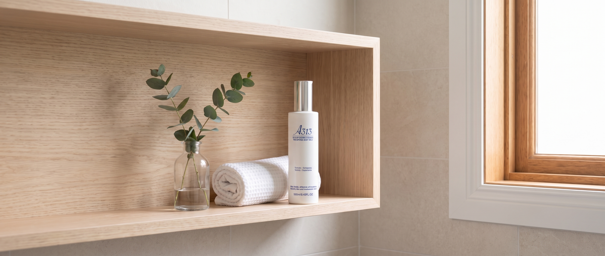 Bote de A313 Body Lifting Cream sobre una estantería de baño junto a una toalla enrollada, composición panorámica