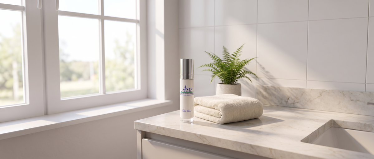 A313 Anti-Wrinkle Moisturizing Face Cream im Pumpspender auf einer hellen Marmorablage im Badezimmer bei Morgenlicht
