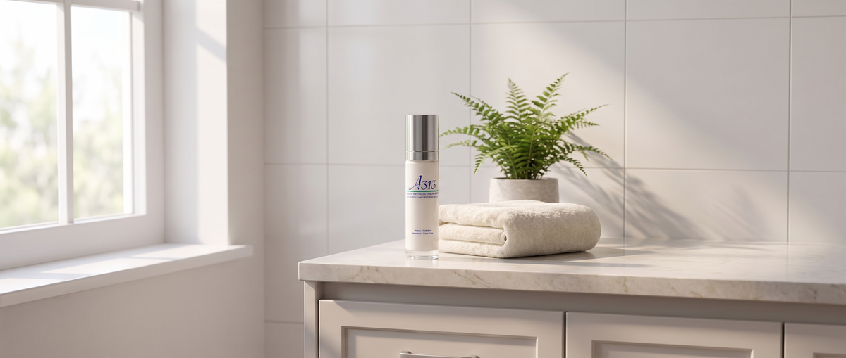 Pompflacon van de A313 Anti-Wrinkle Moisturizing Face Cream op een lichte marmeren badkamerplank naast een opgevouwen handdoek in zacht ochtendlicht