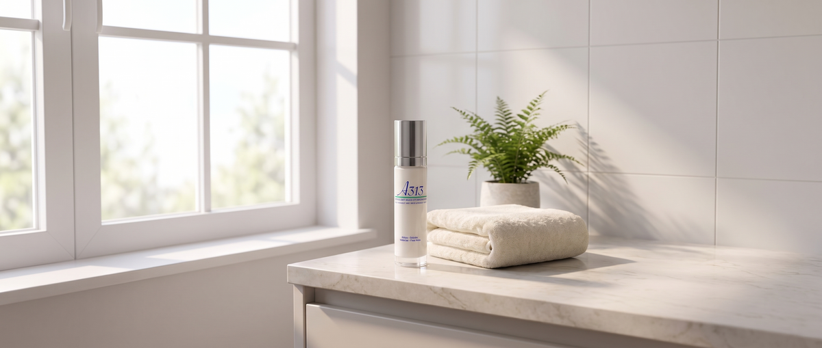 A313 Anti-Wrinkle and Moisturizing Cream pump bottle on a pale marble bathroom counter beside a folded towel in soft morning light